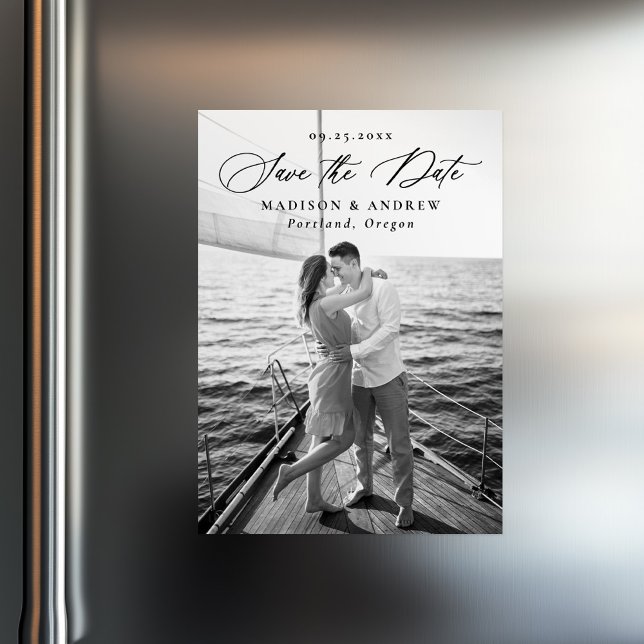 Elegantes Black Calligraphy Foto Save the Date Magneteinladung (Von Creator hochgeladen)