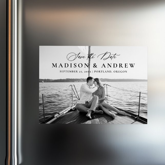 Elegantes Black Calligraphy Foto Save the Date Magneteinladung (Von Creator hochgeladen)