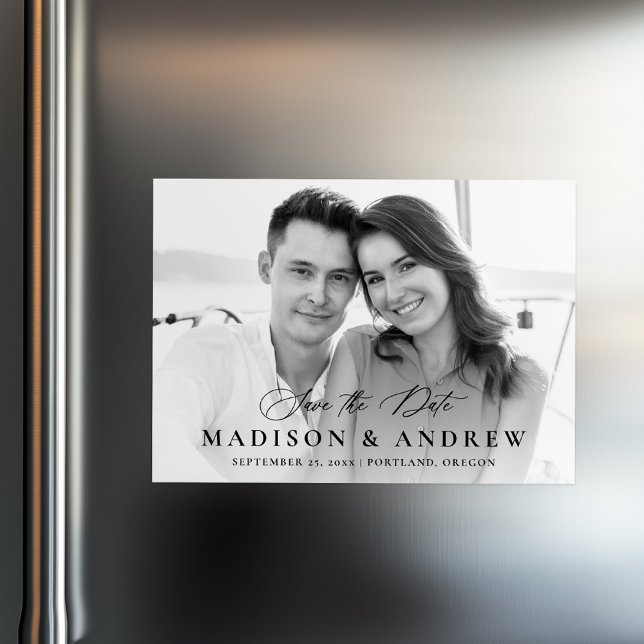 Elegantes Black Calligraphy Foto Save the Date Magneteinladung (Von Creator hochgeladen)