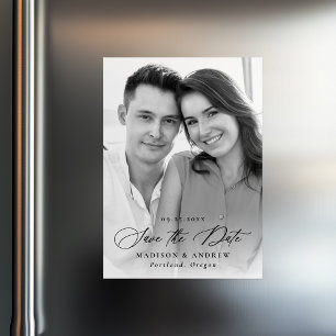 Elegantes Black Calligraphy Foto Save the Date Magneteinladung