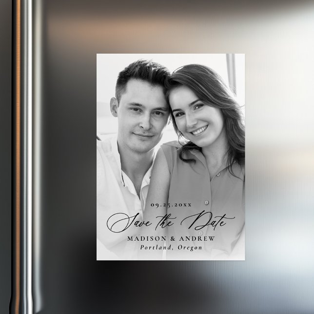 Elegantes Black Calligraphy Foto Save the Date Magneteinladung (Von Creator hochgeladen)