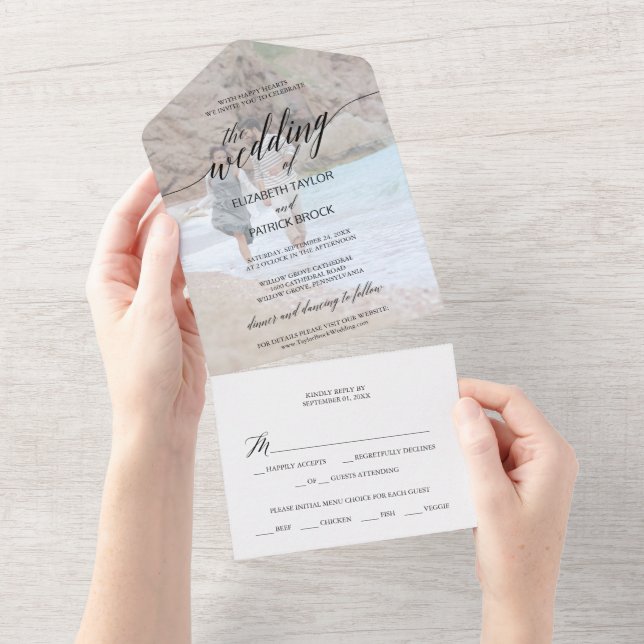 Elegantes Black Calligraphy Foto Wedding All In One Einladung (Abreißen)