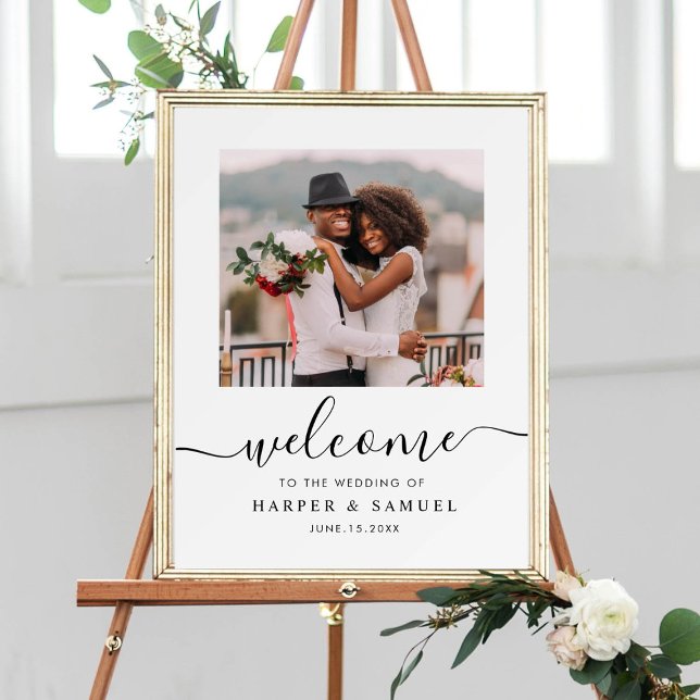 Elegantes Black Calligraphy Foto Wedding Willkomme Poster (Von Creator hochgeladen)