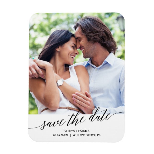 Elegantes Black Calligraphy Save the Date Foto Magnet (Vertikal)