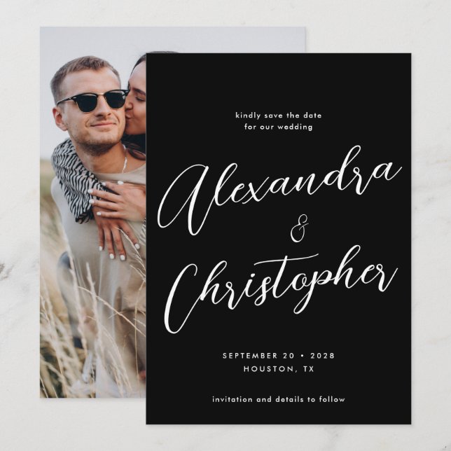 Elegantes Black Calligraphy Script Wedding Foto Save The Date (Vorne/Hinten)