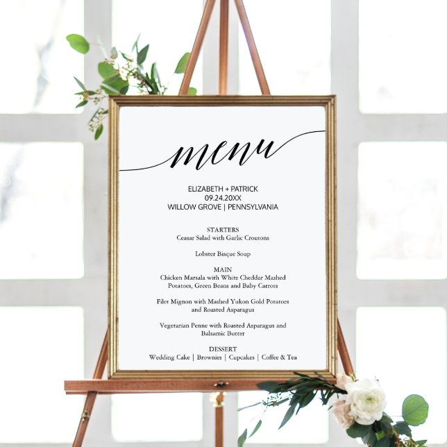 Elegantes Black Calligraphy Wedding Menu Sign Poster (Von Creator hochgeladen)