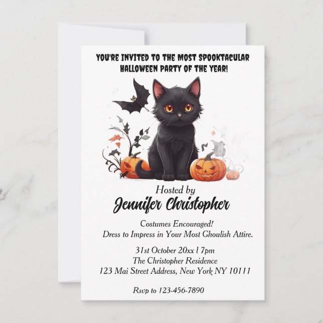 Elegantes Black Cat Spektakuläres Halloween-Party Einladung (Vorderseite)