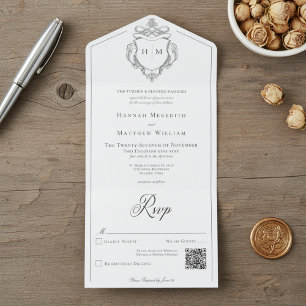 Elegantes Black Chinoiserie Bird Wappen Wedding QR All In One Einladung