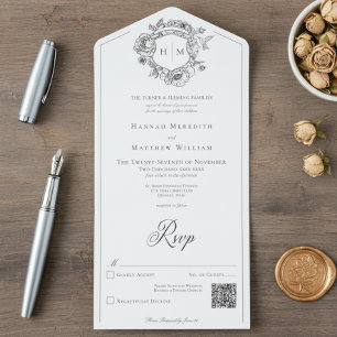 Elegantes Black Chinoiserie Bird Wappen Wedding QR All In One Einladung