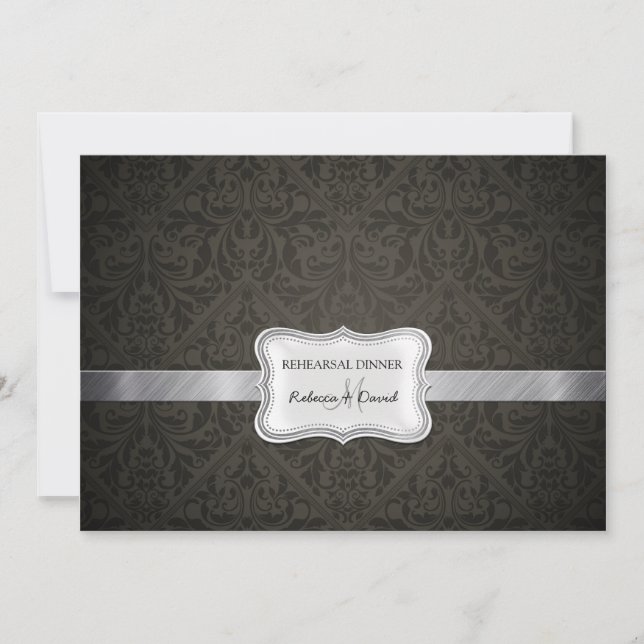 Elegantes Black & Dark Gray Damask Probe Dinner Einladung (Vorderseite)