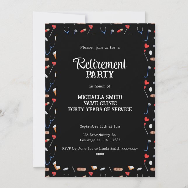 Elegantes Black Doctor Nurse Retirement Party Einladung (Vorderseite)