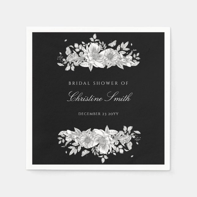Elegantes Black Floral Brautparty Napkins Serviette (Vorderseite)