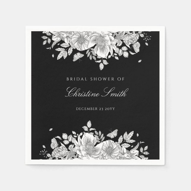 Elegantes Black Floral Brautparty Napkins Serviette (Vorderseite)