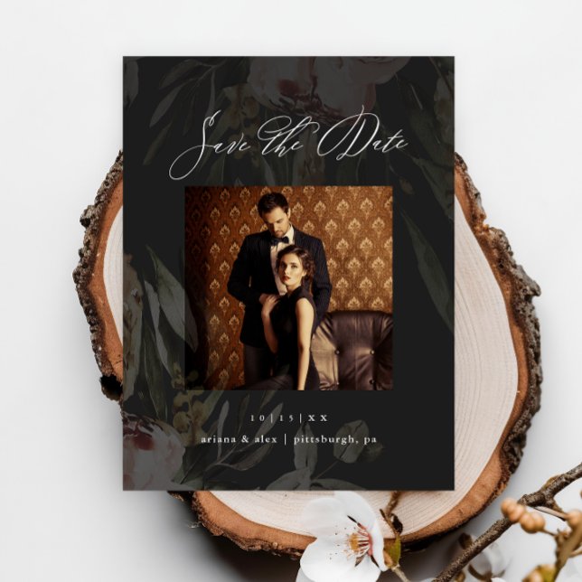 Elegantes Black Floral Foto Hochzeit Sichern Sie d Postkarte (Von Creator hochgeladen)
