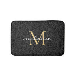 Elegantes Black Floral Gold Script Monogram Badematte