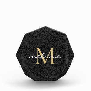 Elegantes Black Floral Gold Script Monogram Fotoblock