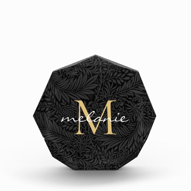 Elegantes Black Floral Gold Script Monogram Fotoblock (Vorderseite)