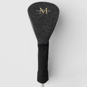 Elegantes Black Floral Gold Script Monogram Golf Headcover