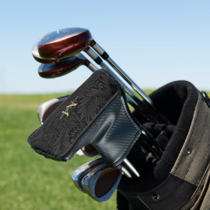 Elegantes Black Floral Gold Script Monogram Golf Headcover