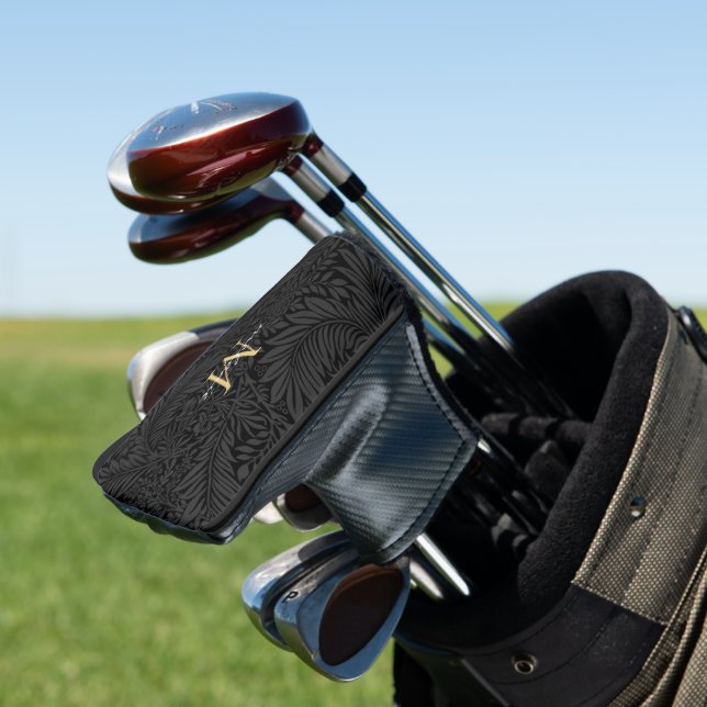 Elegantes Black Floral Gold Script Monogram Golf Headcover (In Situ)