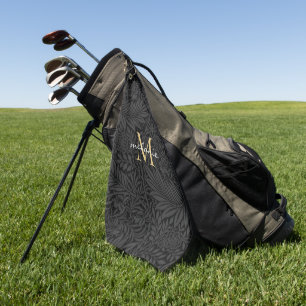 Elegantes Black Floral Gold Script Monogram Golfhandtuch