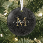 Elegantes Black Floral Gold Script Monogram Ornament Aus Glas<br><div class="desc">Elegantes Schwarz/Gold Vintages florales botanisches Muster mit Monogramm und Skriptnamen.</div>