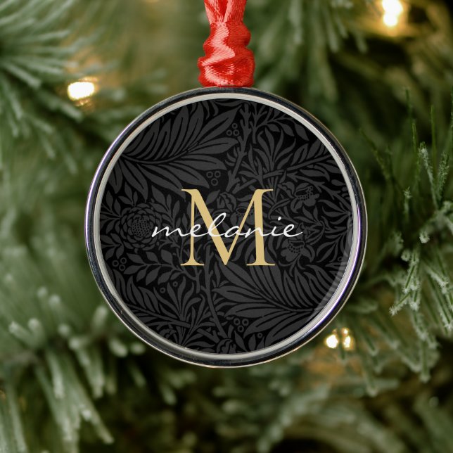 Elegantes Black Floral Gold Script Monogram Ornament Aus Metall (Baum)