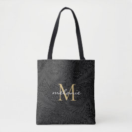 Elegantes Black Floral Gold Script Monogram Tasche