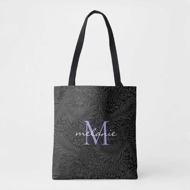 Elegantes Black Floral Lavender Script Monogram Tasche (Vorderseite)