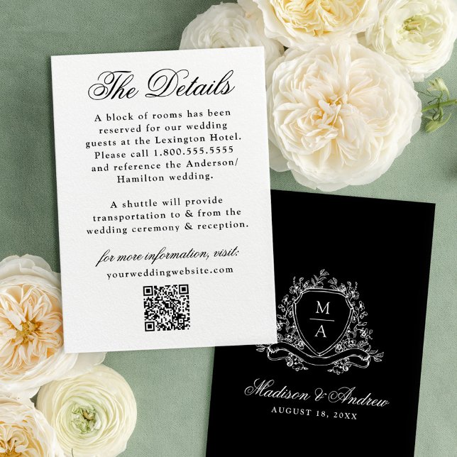 Elegantes Black Floral Wappen Hochzeitsdetails Begleitkarte (Von Creator hochgeladen)
