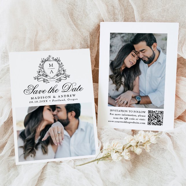 Elegantes Black Floral Wappen Monogram Foto Hochze Save The Date (Von Creator hochgeladen)