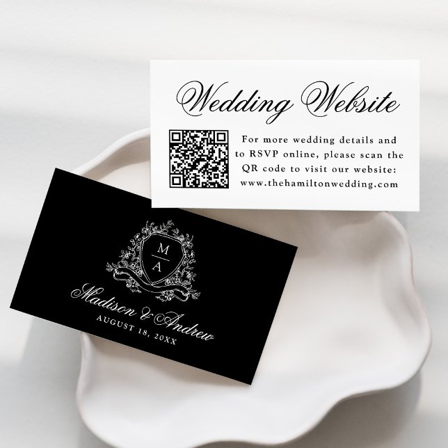Elegantes Black Floral Wappen Wedding Website QR C Begleitkarte (Von Creator hochgeladen)