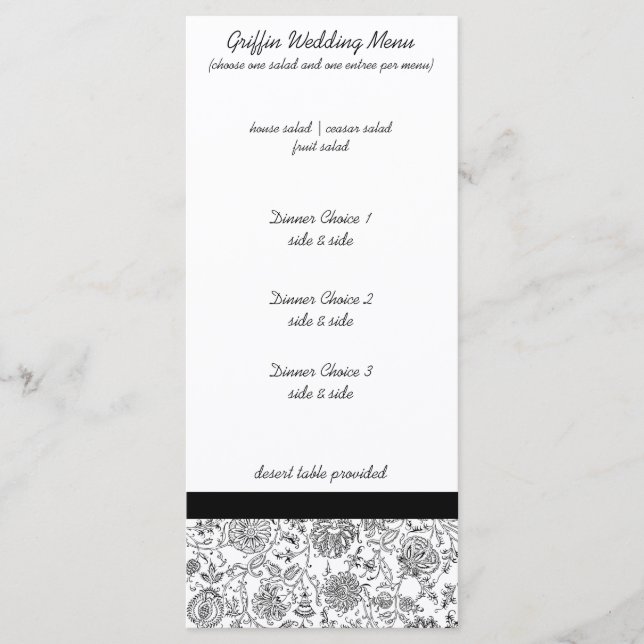 Elegantes Black Floral Wedding Menus Menükarte (Vorderseite)