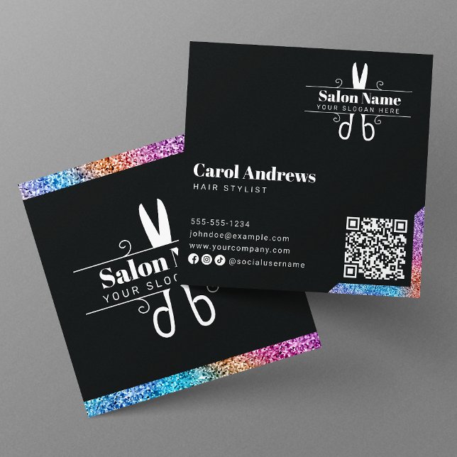 Elegantes Black & Glitzer Stylist QR-Logo Quadratische Visitenkarte (Von Creator hochgeladen)