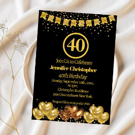 Elegantes Black Gold 40. Geburtstag Party Einladung