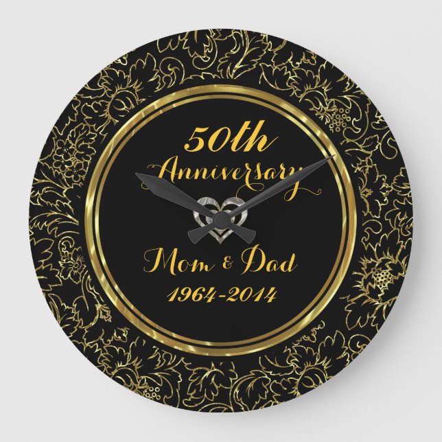 Elegantes Black & Gold 50. Hochzeitstag Große Wanduhr (Vorderseite)