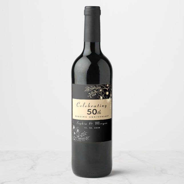 Elegantes Black Gold 50. Hochzeitstag Weinetikett (Vorderseite)