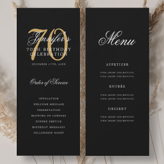 Elegantes Black Gold 70. Geburtstagsprogramm mit M Einladung
