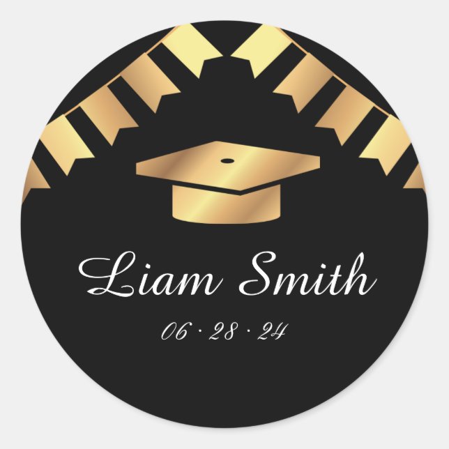 Elegantes Black, Gold Abschluss Round Stickers Set (Vorderseite)