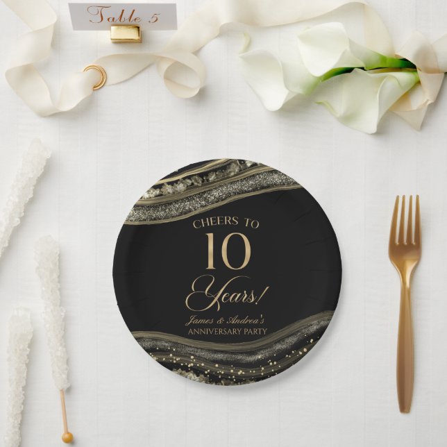 Elegantes Black Gold Agate 10-jähriges Party Pappteller (Hochzeit)
