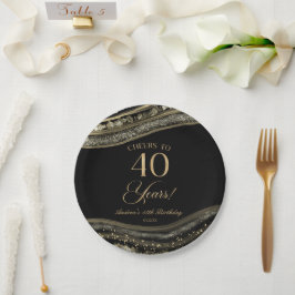 Elegantes Black Gold Agate 40. Geburtstag Party Pappteller