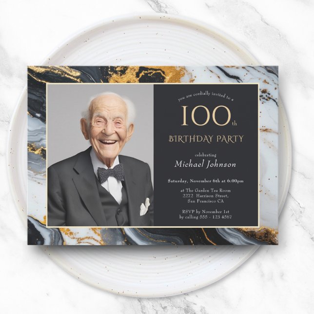 Elegantes Black Gold Agate Foto 100. Geburtstag Einladung (Elegant Black Gold Agate Photo 100th Birthday Invitation)