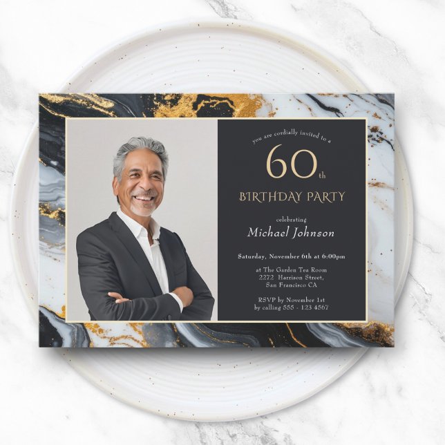 Elegantes Black Gold Agate Foto 60. Geburtstag Einladung (Elegant Black Gold Agate Photo 60th Birthday Invitation)