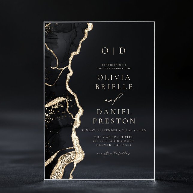 Elegantes Black Gold Agate Wedding Monogram Acryleinladungen (Von Creator hochgeladen)