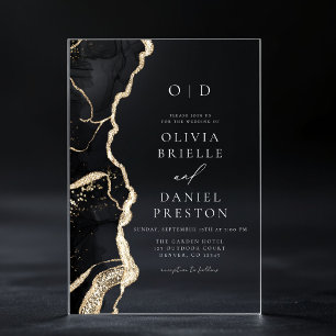 Elegantes Black Gold Agate Wedding Monogram Acryleinladungen