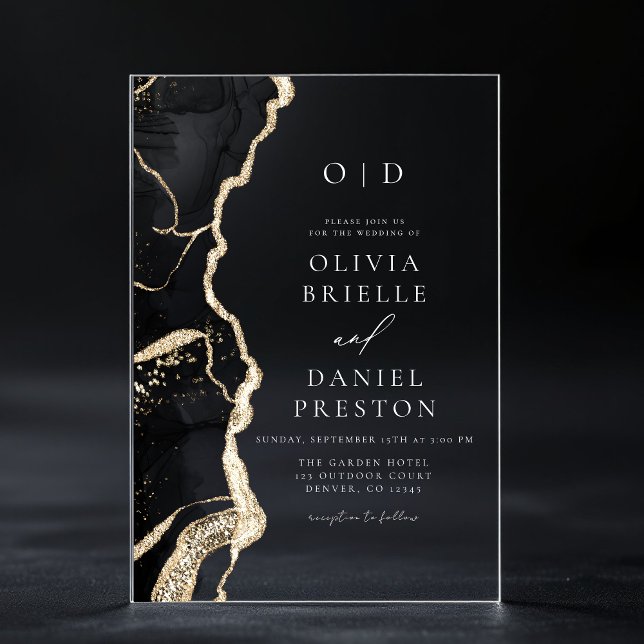 Elegantes Black Gold Agate Wedding Monogram Acryleinladungen (Von Creator hochgeladen)