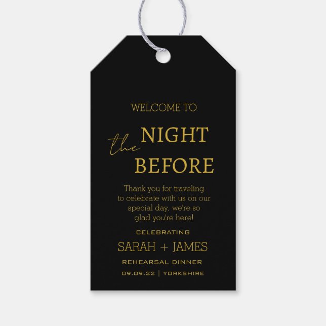 Elegantes Black & Gold am Abend vor der Hochzeit Geschenkanhänger (Vorderseite)