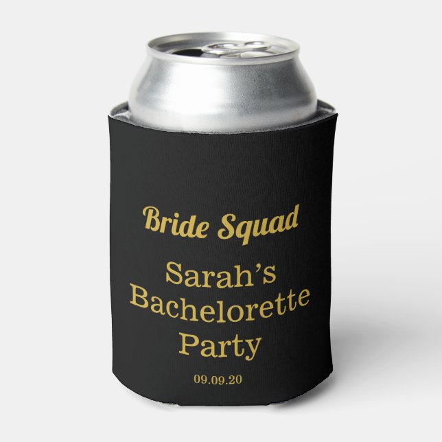 Elegantes Black Gold Bachelorette Bride Squad Part Dosenkühler (Kanne Vorderseite)