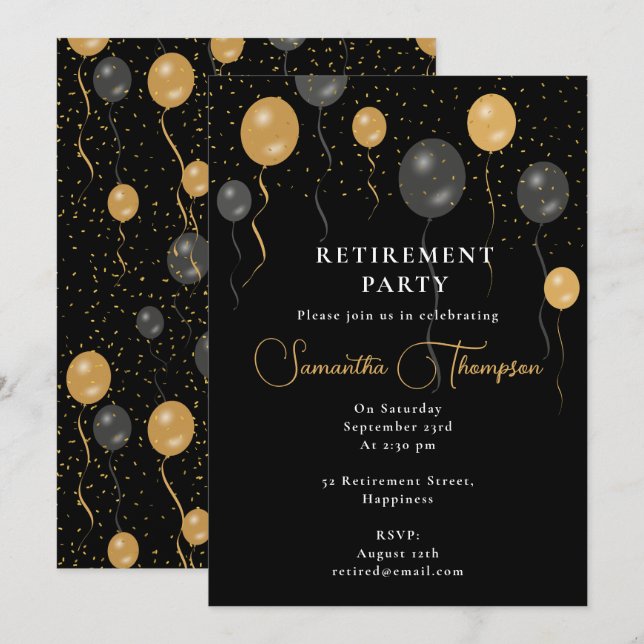Elegantes Black & Gold Balloons Retirement Party Einladung (Vorne/Hinten)