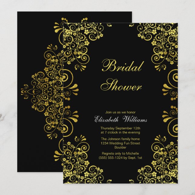 Elegantes Black Gold Brautparty Einladung (Vorne/Hinten)